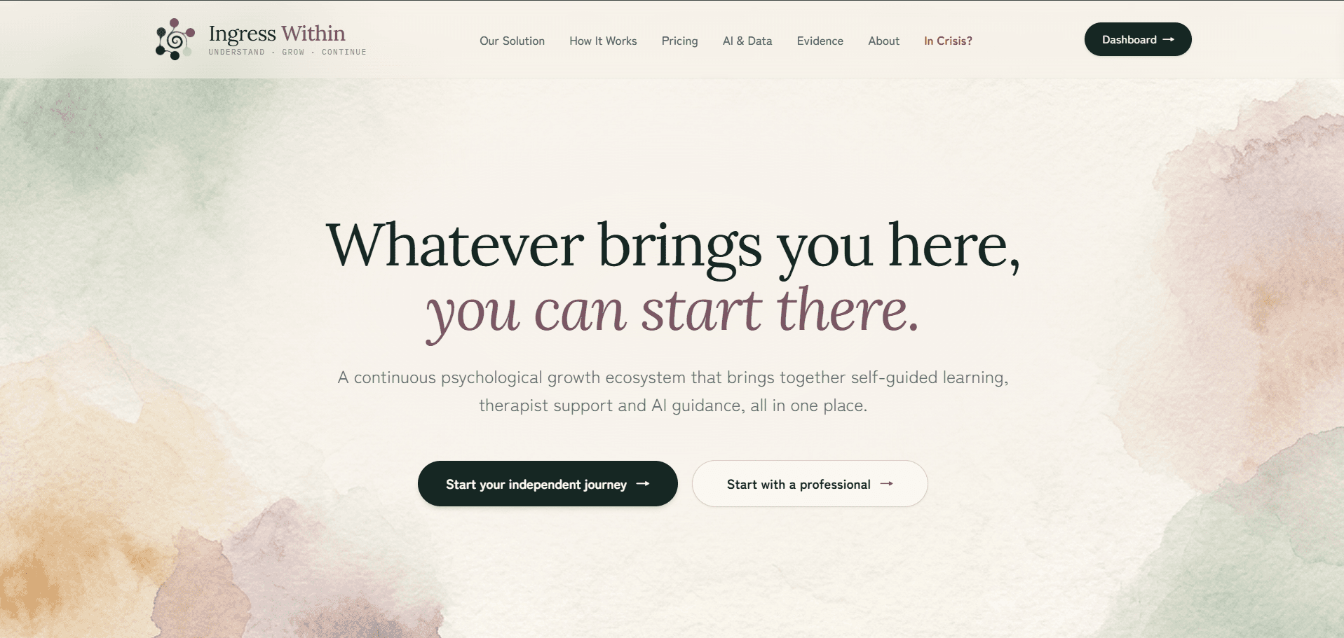Ingress Within landing page with a watercolor background and independent and professional journey options.